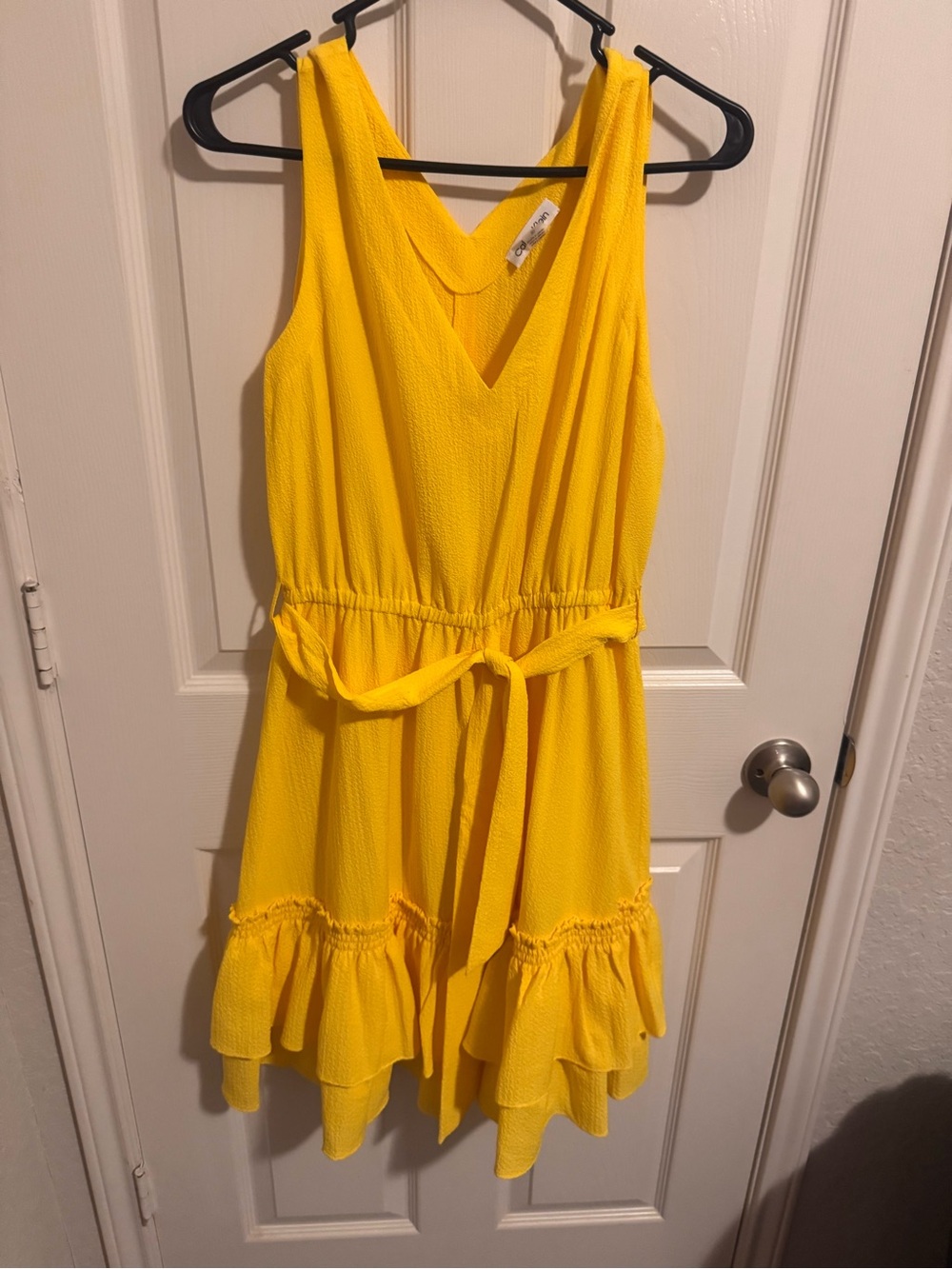Calvin Klein Sunny Yellow V-Neck Tie-Waist Ruffle Dress